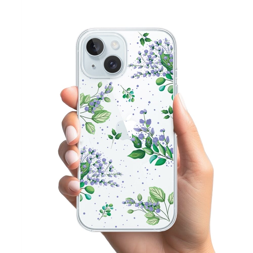 Etui do iPhone 15 przeźroczyste, silikonowe Flexi, fioletowe kwiatki - obrazek 2