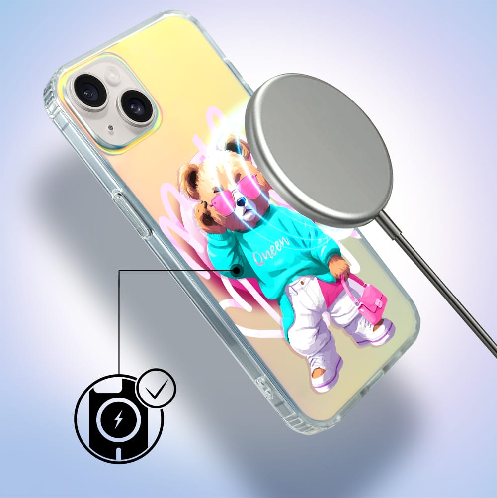 Etui do iPhone 14 IBIZU California Sunset z MagSafe, zmieniające kolor, Pink Queen, stylowy miś - obrazek 6