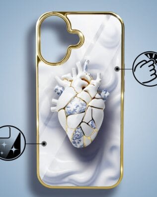 Etui do iPhone 16 IBIZU Elite Glass z MagSafe, Kintsugi Art, porcelanowe serce, złote