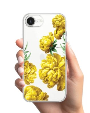 Etui do iPhone 16e przeźroczyste, silikonowe Flexi, żółte piwonie