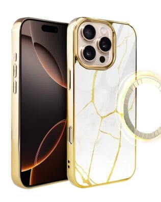 Etui do iPhone 16 Pro Max IBIZU Elite Glass z MagSafe, Kintsugi, biała porcelana, złote