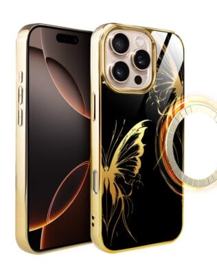 Etui do iPhone 16 Pro Max IBIZU Elite Glass z MagSafe Golden Midnight, Skrzydła motyla, złote