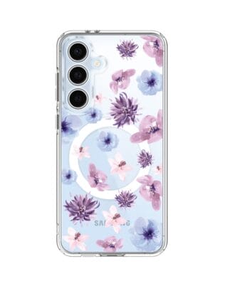 Etui do Samsung Galaxy S24 FE z MagSafe przeźroczyste, silikonowe Flexi, kwiatki niebieskie, fioletowe