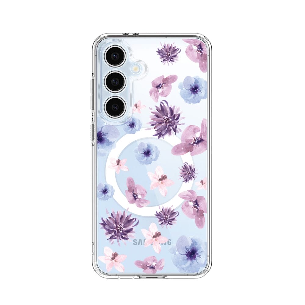 Etui do Samsung Galaxy S24 FE z MagSafe przeźroczyste, silikonowe Flexi, kwiatki niebieskie, fioletowe