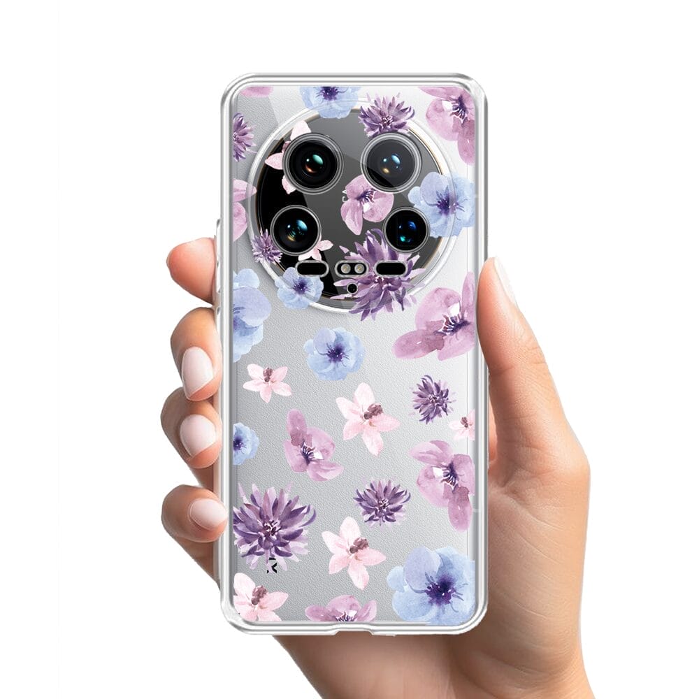 Etui do Xiaomi 14 Ultra przeźroczyste, silikonowe Flexi, kwiatki niebieskie, fioletowe - obrazek 2