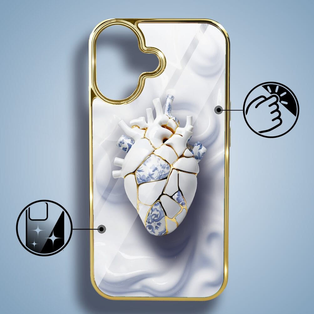 Etui do iPhone 16 Plus IBIZU Elite Glass z MagSafe, Kintsugi Art, porcelanowe serce, złote - obrazek 2