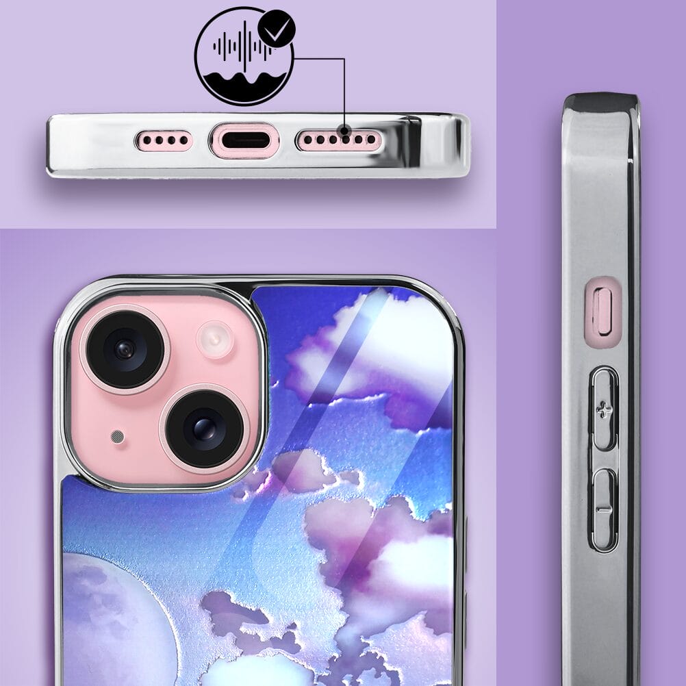 Etui do iPhone 15 IBIZU Elite Glass, szklany tył, chmurki i księżyc, srebrne - obrazek 6