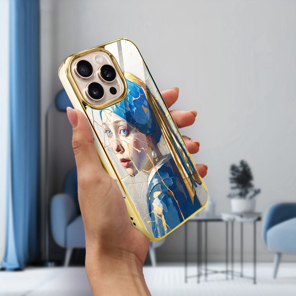 Etui do iPhone 16 Pro IBIZU Elite Glass z MagSafe, Kintsugi Art, kobieta z perłą, złote - obrazek 7