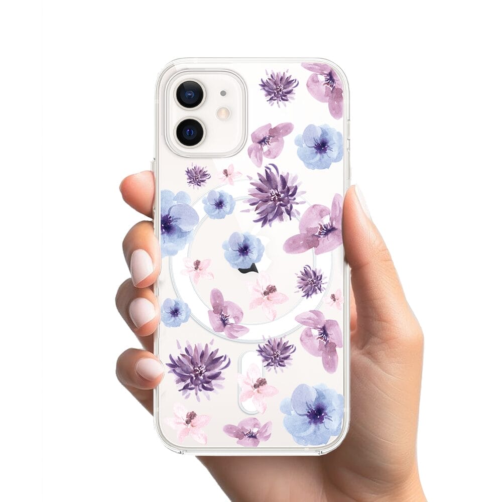 Etui do iPhone 12 Mini z MagSafe przeźroczyste, silikonowe Flexi, kwiatki niebieskie, fioletowe - obrazek 2