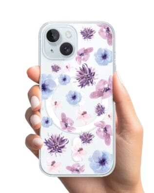Etui do iPhone 15 z MagSafe przeźroczyste, silikonowe Flexi, kwiatki niebieskie, fioletowe