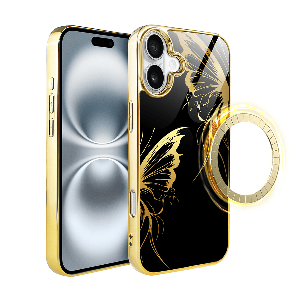 Etui do iPhone 16 Plus IBIZU Elite Glass z MagSafe Golden Midnight, Skrzydła motyla, złote