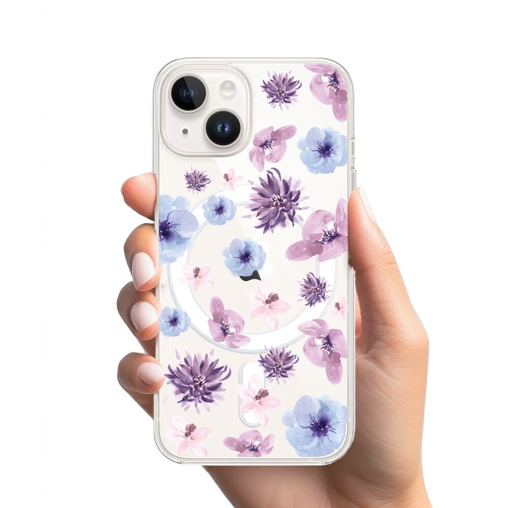 Etui do iPhone 14 Plus z MagSafe przeźroczyste, silikonowe Flexi, kwiatki niebieskie, fioletowe - obrazek 2
