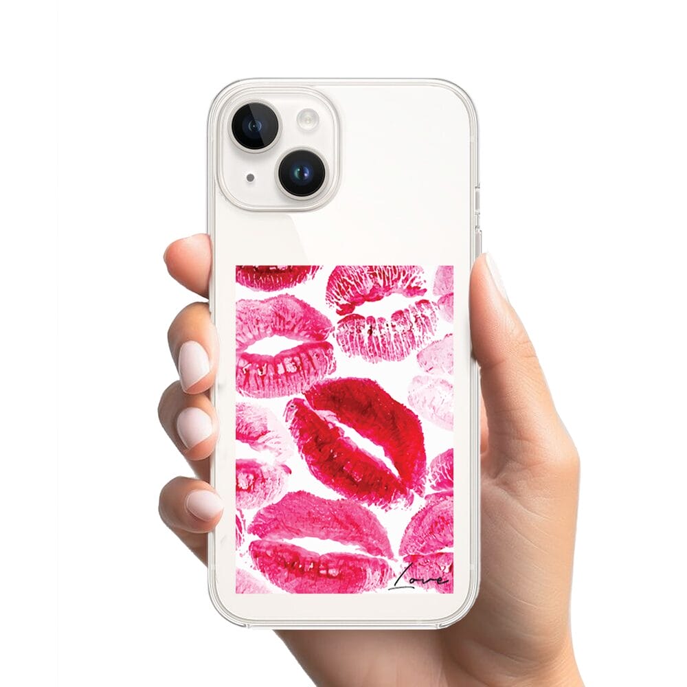 Etui do iPhone 13 Mini przeźroczyste, silikonowe Flexi, pocałunki z napisem "love" - obrazek 2