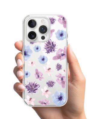 Etui do iPhone 14 Pro przeźroczyste, silikonowe Flexi, kwiatki niebieskie, fioletowe