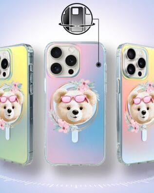 Etui do iPhone 15 Pro IBIZU California Sunset z MagSafe, zmieniające kolor, Flower Queen, miś z kwiatami