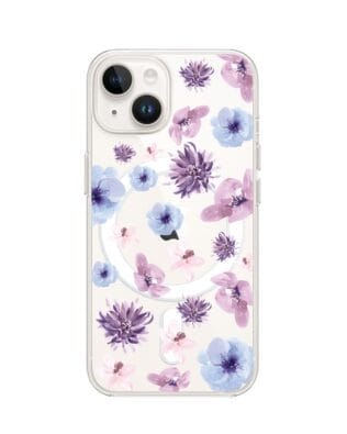 Etui do iPhone 14 z MagSafe przeźroczyste, silikonowe Flexi, kwiatki niebieskie, fioletowe
