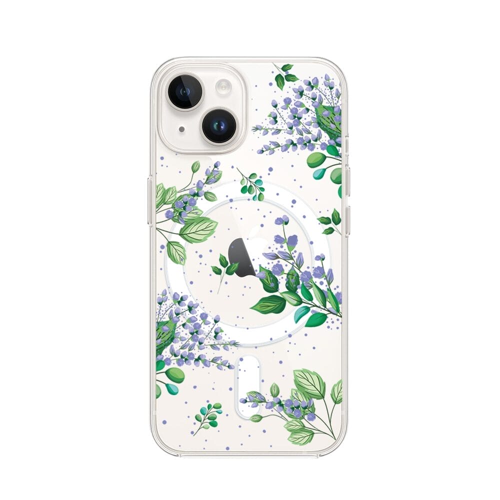 Etui do iPhone 14 Plus z MagSafe przeźroczyste, silikonowe Flexi, fioletowe kwiatki