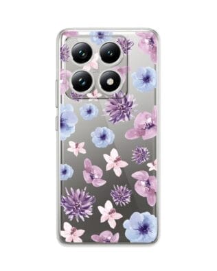 Etui do Xiaomi 14T Pro przeźroczyste, silikonowe Flexi, kwiatki niebieskie, fioletowe