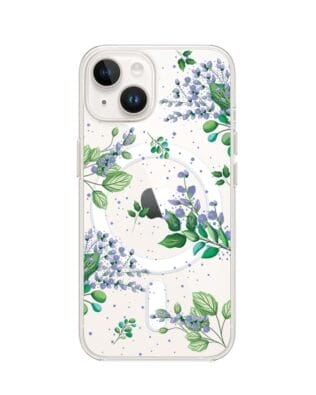 Etui do iPhone 13 Mini z MagSafe przeźroczyste, silikonowe Flexi, fioletowe kwiatki