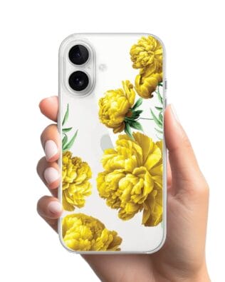 Etui do iPhone 16 przeźroczyste, silikonowe Flexi, żółte piwonie
