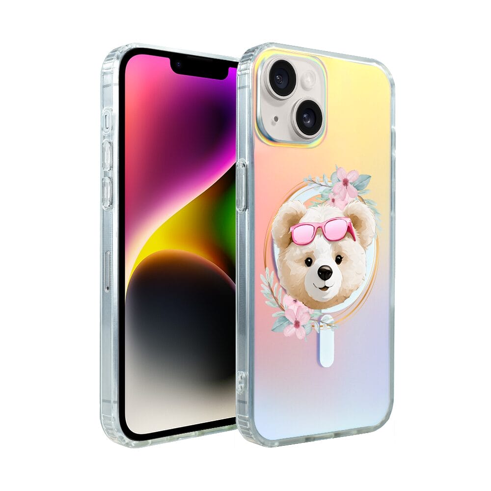 Etui do iPhone 14 IBIZU California Sunset z MagSafe, zmieniające kolor, Flower Queen, miś z kwiatami