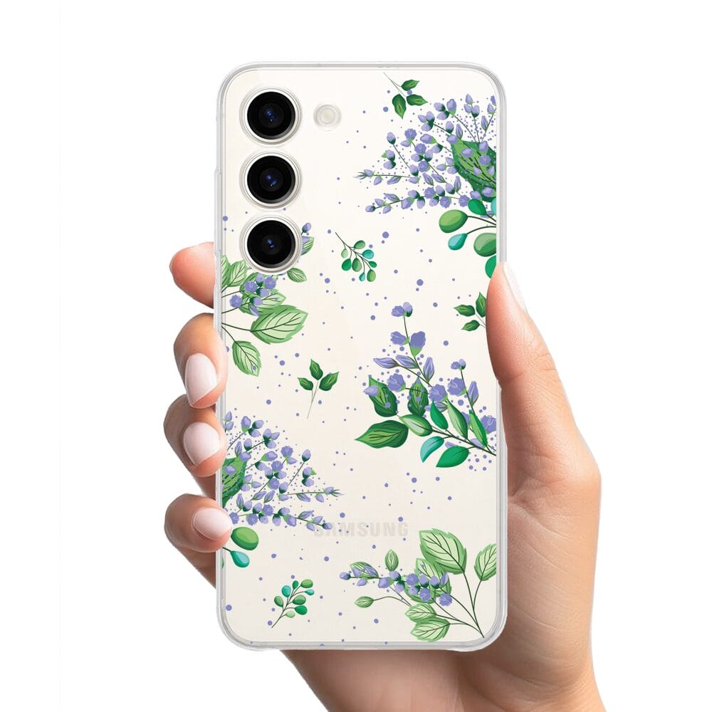 Etui do Samsung Galaxy S23 przeźroczyste, silikonowe Flexi, fioletowe kwiatki - obrazek 2