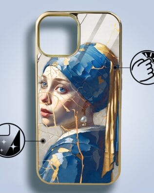 Etui do iPhone 15 IBIZU Elite Glass, szklany tył, Kintsugi Art, kobieta z perłą, złote