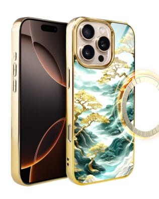 Etui do iPhone 16 Pro IBIZU Elite Glass z MagSafe Magia Azji złote drzewa w stylu japońskim, złote
