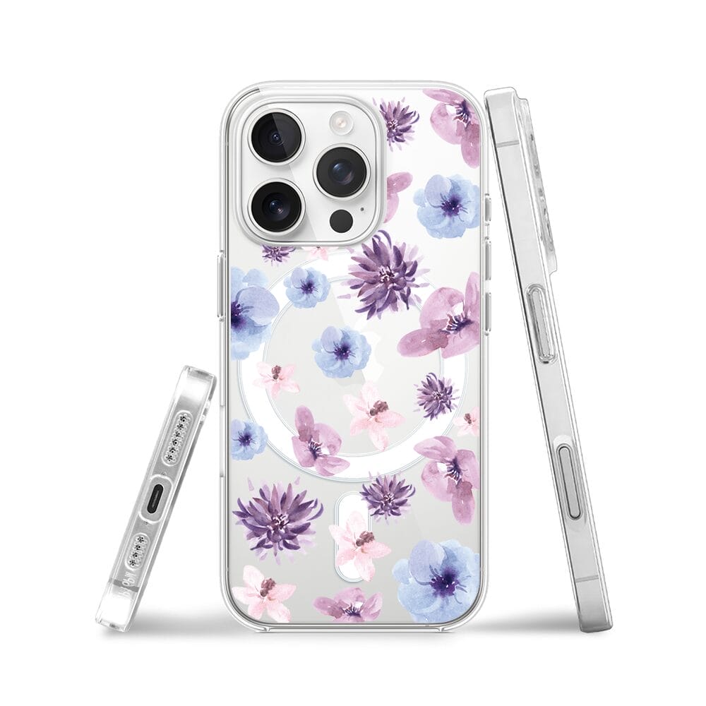 Etui do iPhone 16 Pro z MagSafe przeźroczyste, silikonowe Flexi, kwiatki niebieskie, fioletowe - obrazek 3