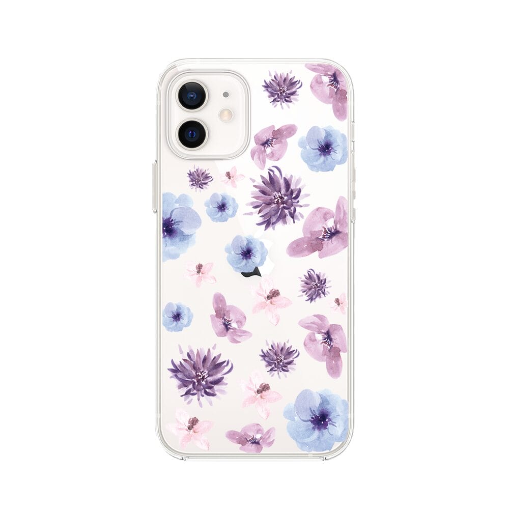 Etui do iPhone 12 Mini przeźroczyste, silikonowe Flexi, kwiatki niebieskie, fioletowe