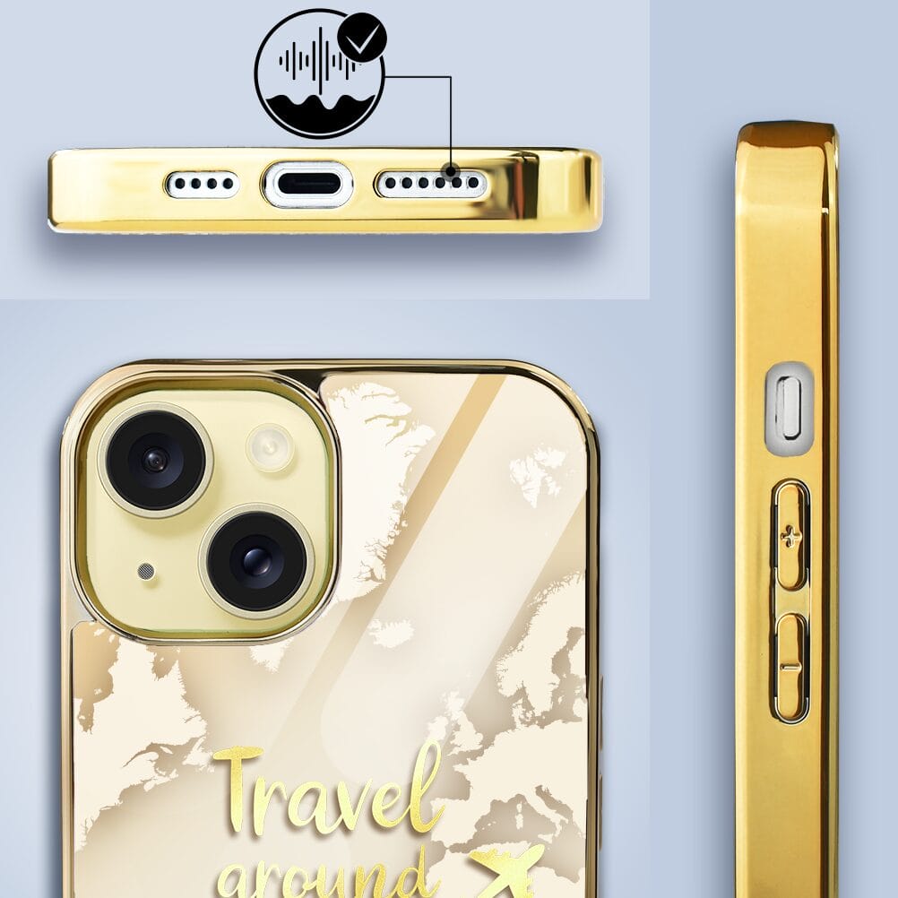 Etui do iPhone 15 IBIZU Elite Glass 3D, szklany tył, złota mapa świata z napisem Travel around the World, złote - obrazek 6