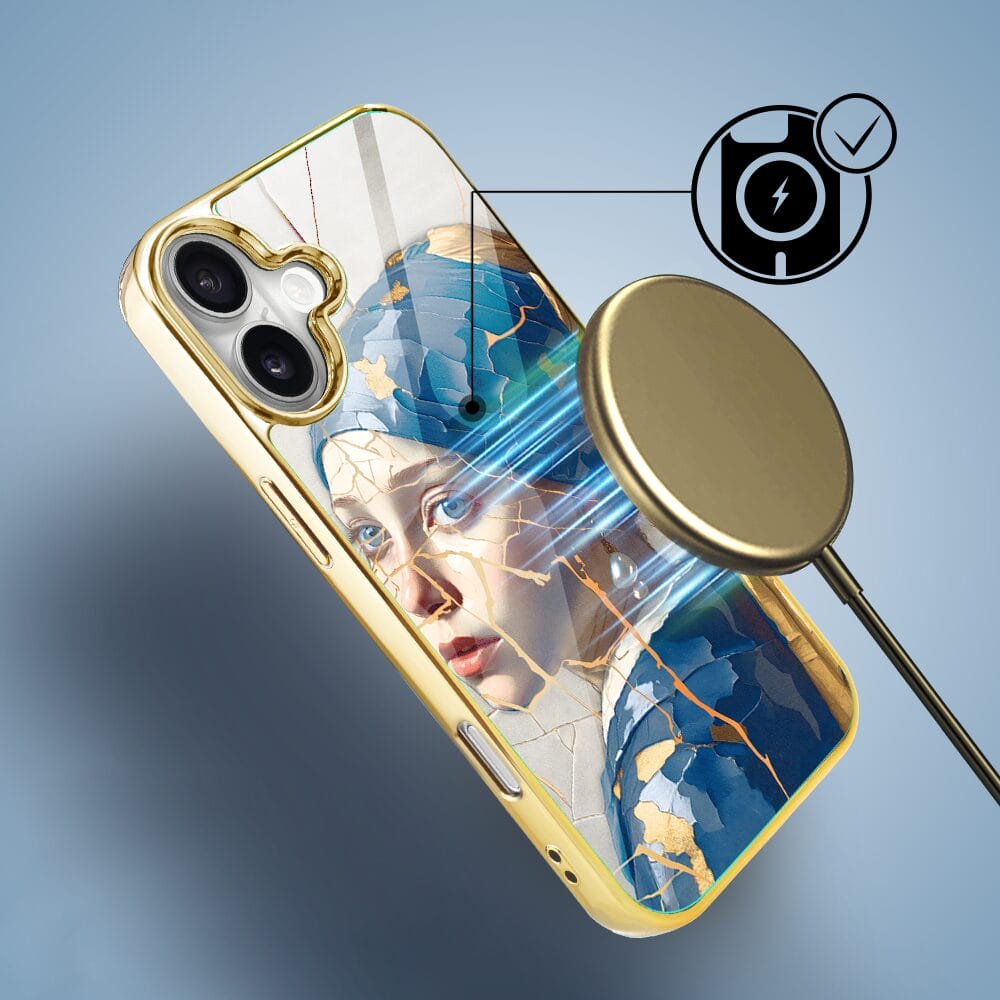 Etui do iPhone 16 Plus IBIZU Elite Glass z MagSafe, Kintsugi Art, kobieta z perłą, złote - obrazek 3