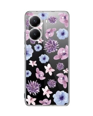 Etui do Xiaomi POCO X7 Pro przeźroczyste, silikonowe Flexi, kwiatki niebieskie, fioletowe