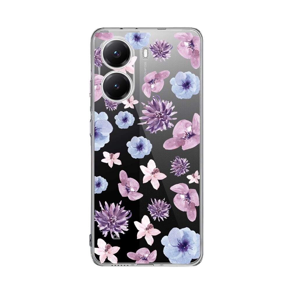 Etui do Xiaomi POCO X7 Pro przeźroczyste, silikonowe Flexi, kwiatki niebieskie, fioletowe