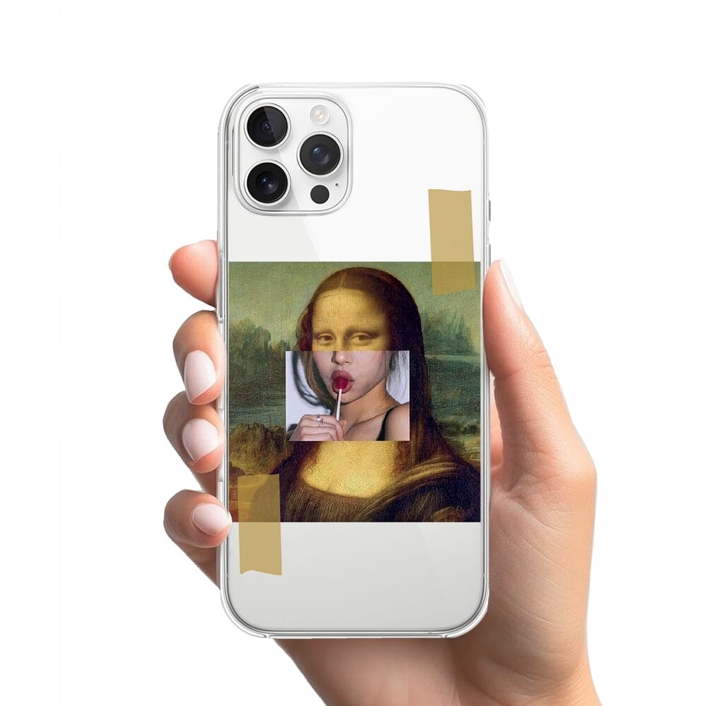 Etui do iPhone 12 Pro przeźroczyste, silikonowe Flexi, Mona Lisa z lizakiem - obrazek 2