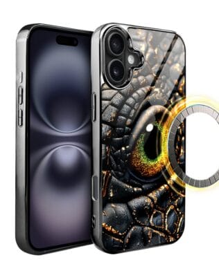 Etui do iPhone 16 IBIZU Elite Glass z MagSafe Magia Azji amber dragon, czarny chrom