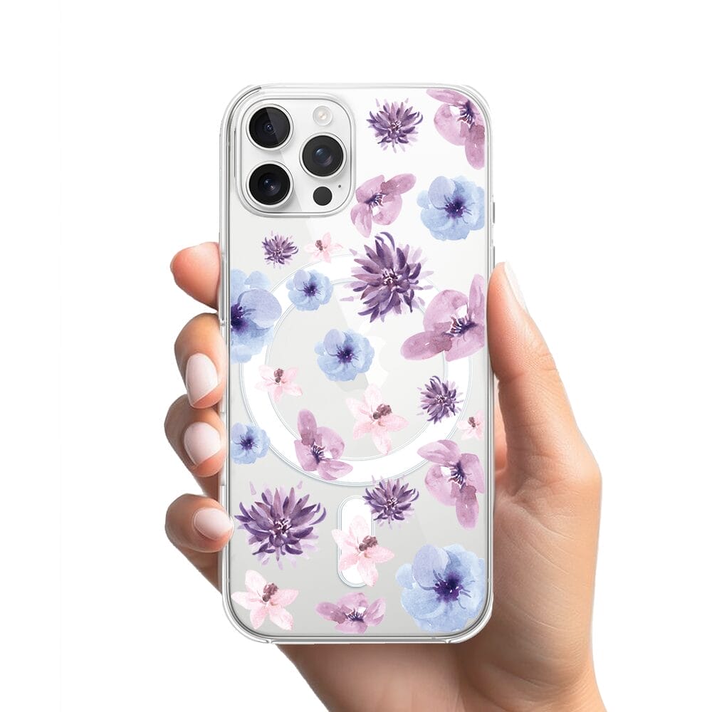 Etui do iPhone 12 Pro Max z MagSafe przeźroczyste, silikonowe Flexi, kwiatki niebieskie, fioletowe - obrazek 2