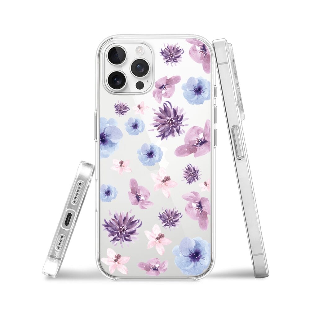 Etui do iPhone 12 Pro Max przeźroczyste, silikonowe Flexi, kwiatki niebieskie, fioletowe - obrazek 3