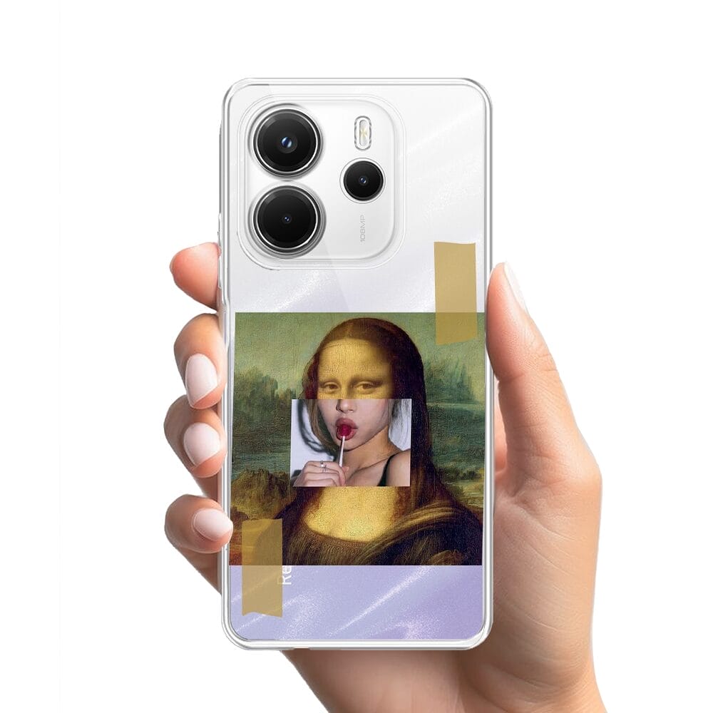 Etui do Xiaomi Redmi Note 14 5G przeźroczyste, silikonowe Flexi, Mona Lisa z lizakiem - obrazek 2