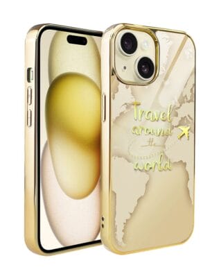 Etui do iPhone 15 IBIZU Elite Glass 3D, szklany tył, złota mapa świata z napisem Travel around the World, złote