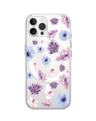 Etui do iPhone 12 Pro z MagSafe przeźroczyste, silikonowe Flexi, kwiatki niebieskie, fioletowe