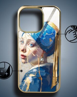 Etui do iPhone 16 Pro IBIZU Elite Glass z MagSafe, Kintsugi Art, kobieta z perłą, złote