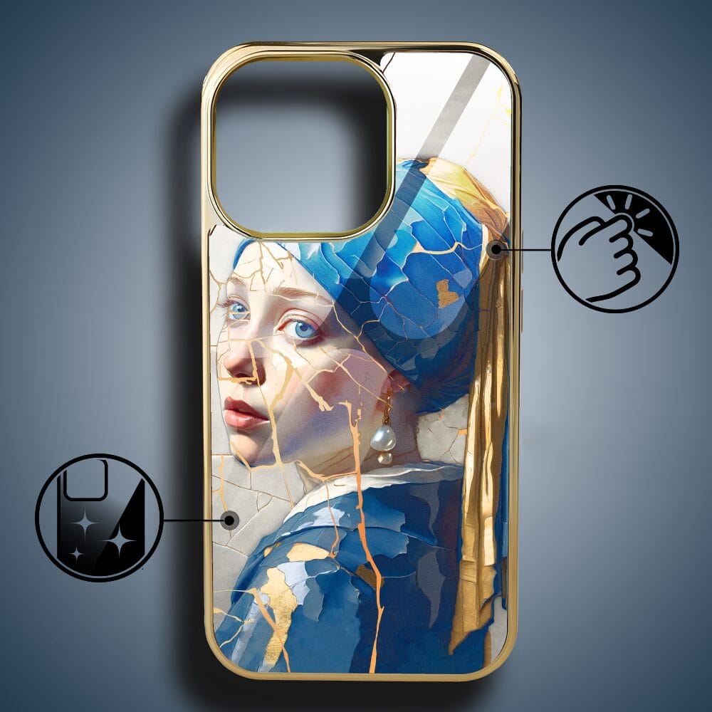 Etui do iPhone 16 Pro IBIZU Elite Glass z MagSafe, Kintsugi Art, kobieta z perłą, złote - obrazek 2