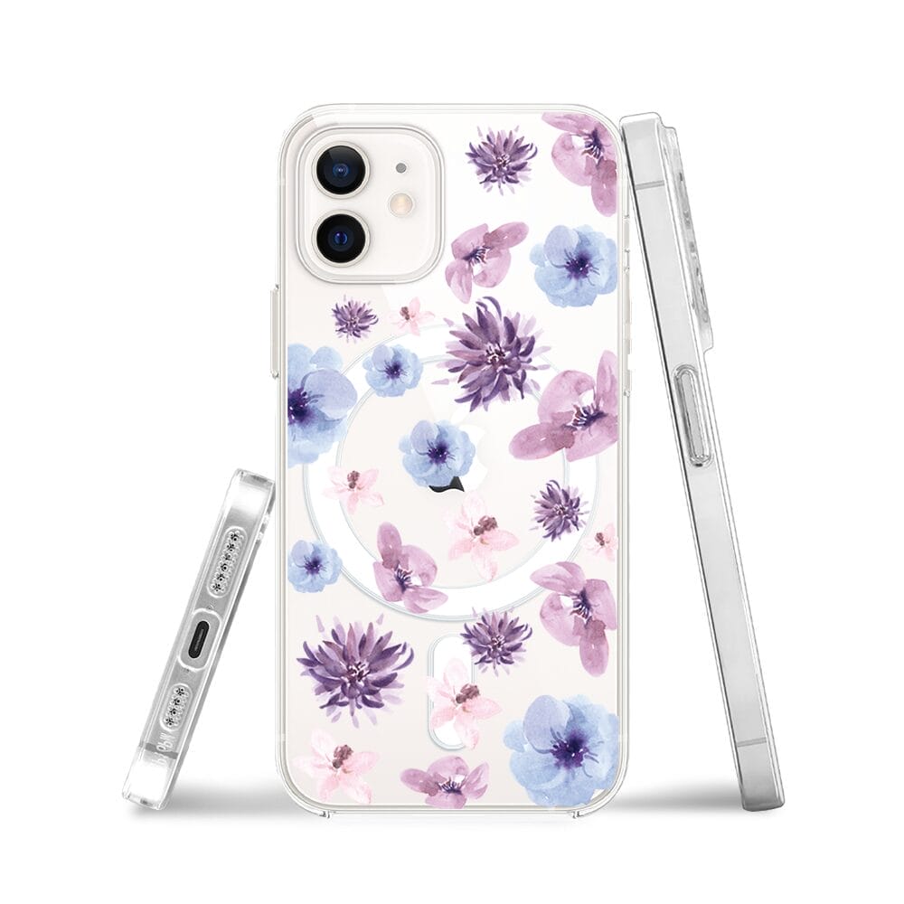 Etui do iPhone 12 Mini z MagSafe przeźroczyste, silikonowe Flexi, kwiatki niebieskie, fioletowe - obrazek 3