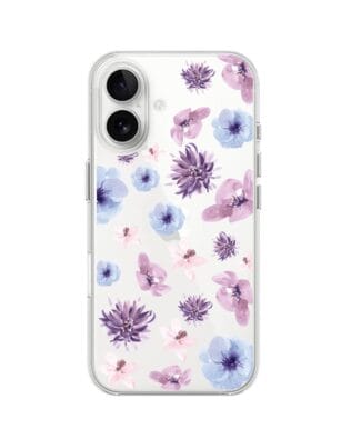 Etui do iPhone 16 Plus przeźroczyste, silikonowe Flexi, kwiatki niebieskie, fioletowe