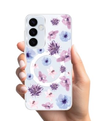 Etui do Samsung Galaxy A35 5G z MagSafe przeźroczyste, silikonowe Flexi, kwiatki niebieskie, fioletowe