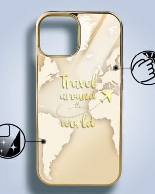 Etui do iPhone 13 IBIZU Elite Glass 3D, szklany tył, złota mapa świata z napisem Travel around the World, złote