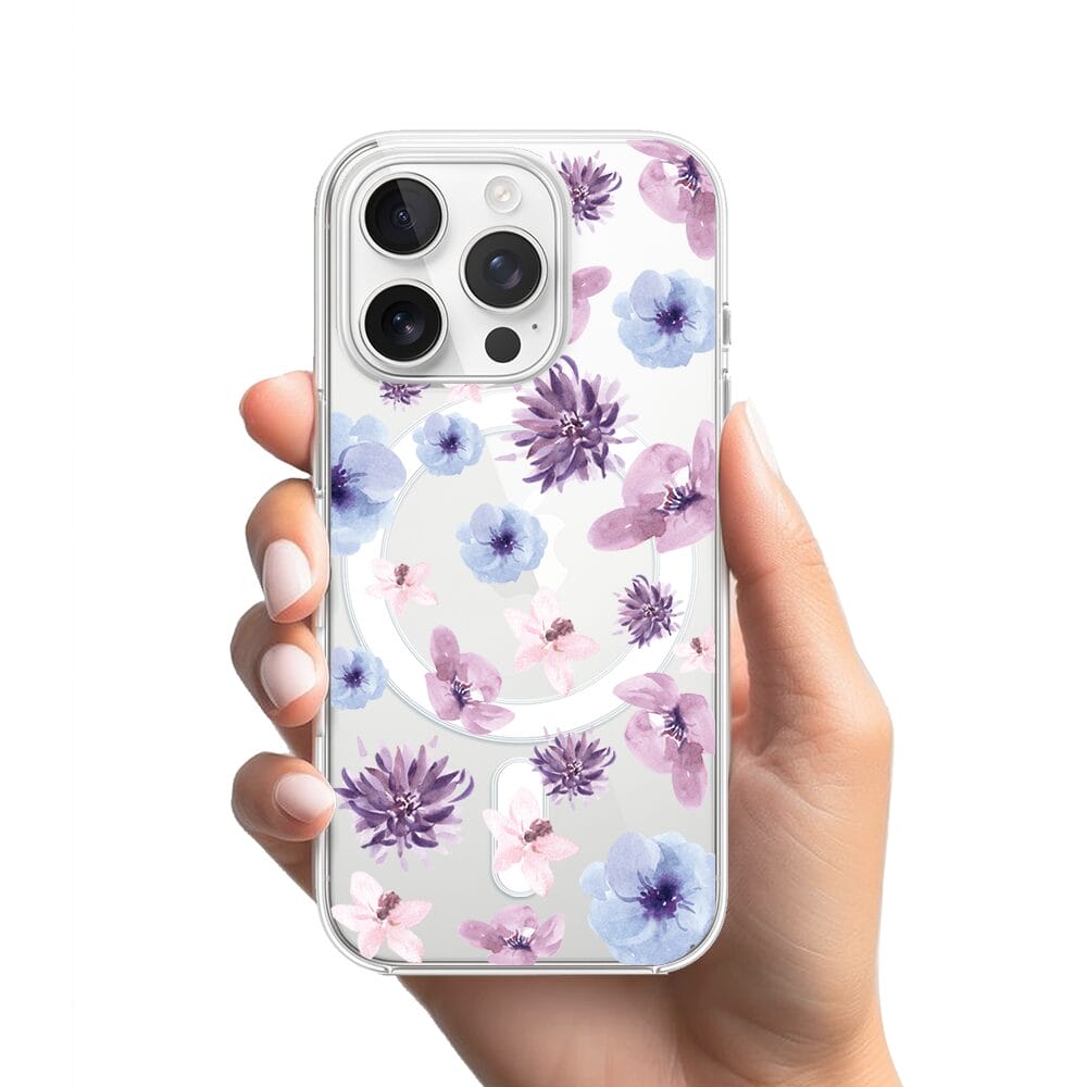 Etui do iPhone 13 Pro z MagSafe przeźroczyste, silikonowe Flexi, kwiatki niebieskie, fioletowe - obrazek 2