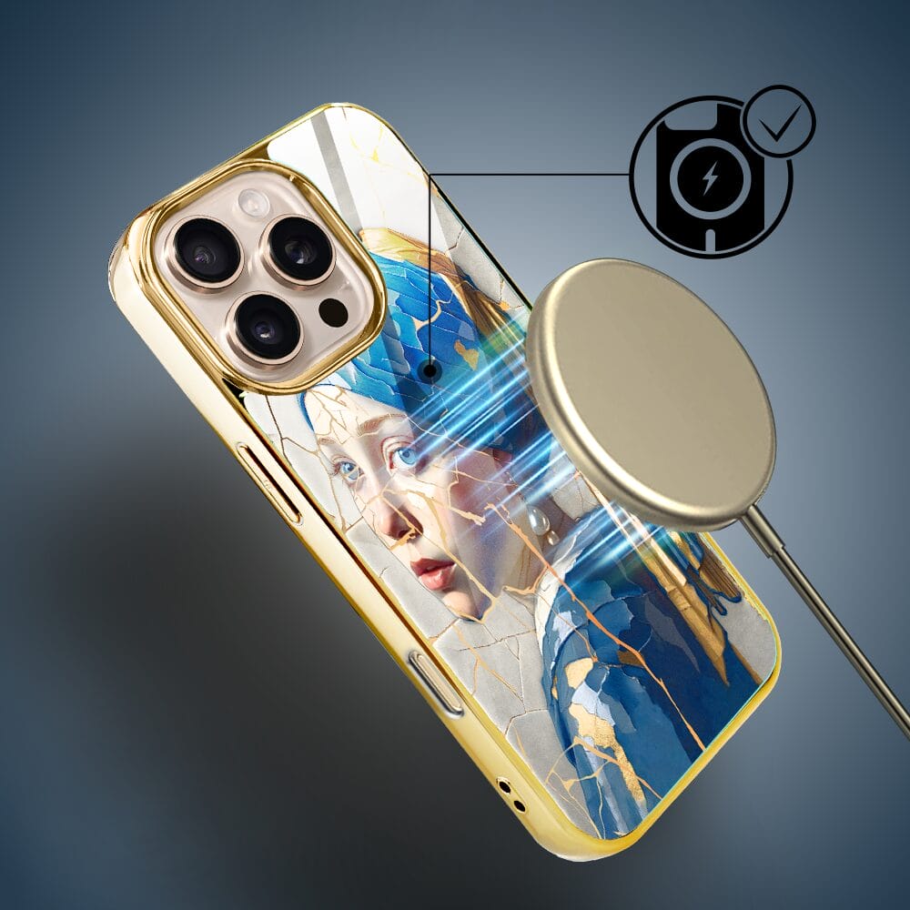 Etui do iPhone 16 Pro IBIZU Elite Glass z MagSafe, Kintsugi Art, kobieta z perłą, złote - obrazek 3
