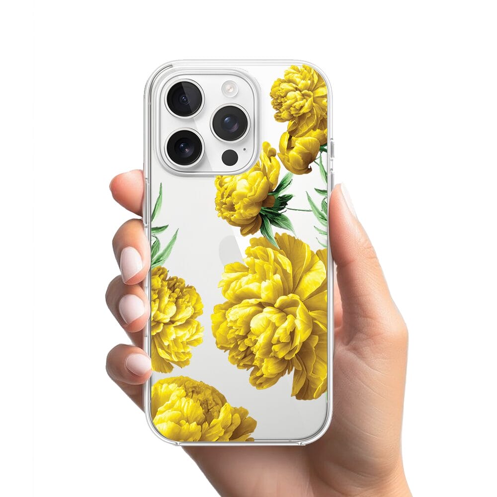 Etui do iPhone 14 Pro przeźroczyste, silikonowe Flexi, żółte piwonie - obrazek 2